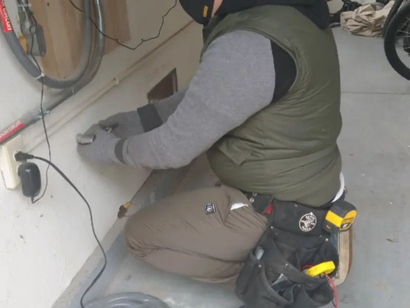 Electrician performing outlet wiring in a Maine garage